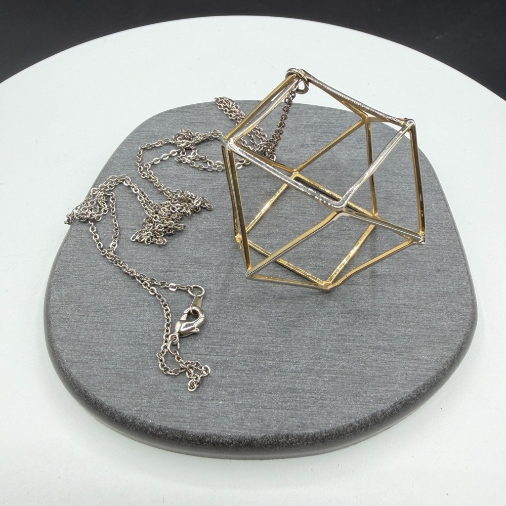Two Tone Geometric Cube Pendant Necklace 3D Wireframe Modernist Statement Gift
